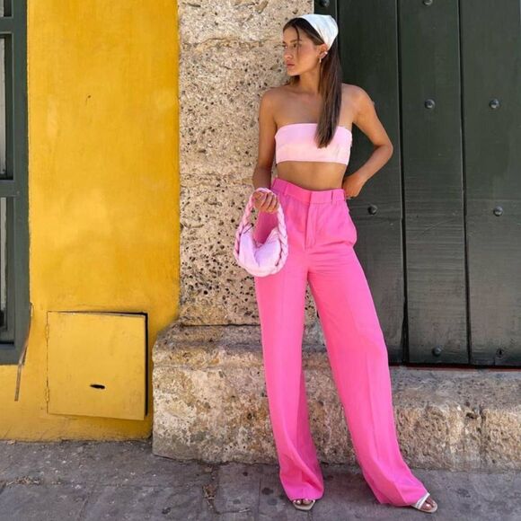ZARA FLOWING WIDE-LEG TROUSERS Barbiecore Barbie Core - Picture 1 of 11